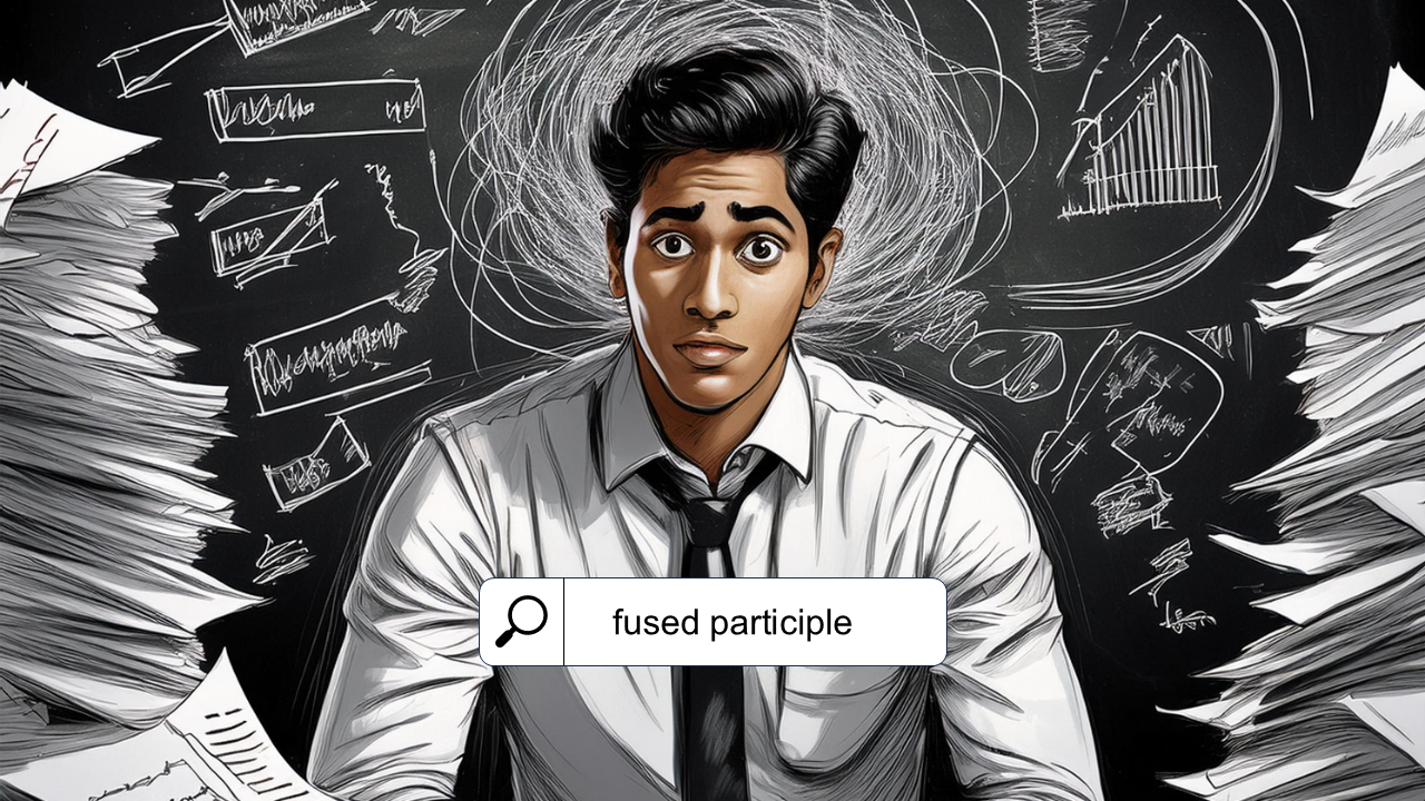 Chalkboard drawing of a confused lawyer with papers all around; search bar reading 